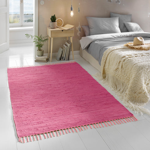 Flicken-Teppich 100% Baumwolle | Waschbarer Fleckerl mit Fransen | Berry